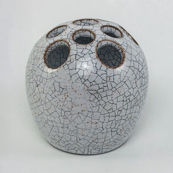 Other - Signed Studio Pottery Crackle Glaze Flower Frog Gray Spherical Ikebana